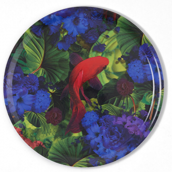 Gangzai round Tray, Junglkoi paint Lacquer multicolor, front